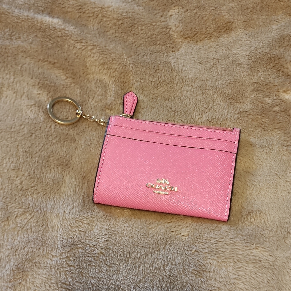 Coach Pink Leather Card Holder Keyring with Gold Logo